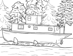 Illustrated coloring page of Moored Boat — Tofino