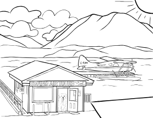 Illustrated coloring page of Tofino Air Tours — Tofino
