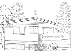 Illustrated coloring page of Tofino Surf School — Tofino