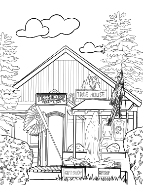Illustrated coloring page of Treehouse Gifts — Tofino