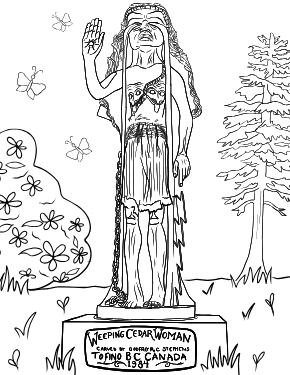 Illustrated coloring page of Weeping Cedar Woman — Tofino