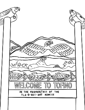 Illustrated coloring page of Welcome to Tofino — Tofino