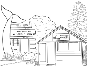 Illustrated coloring page of Whaling Wharf — Tofino