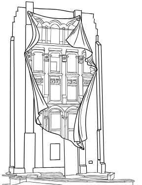 Illustrated coloring page of Gooderham Building Mural — Toronto, Ontario