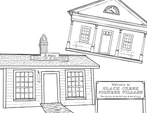 Illustrated coloring page of Pioneer Village — Toronto, Ontario
